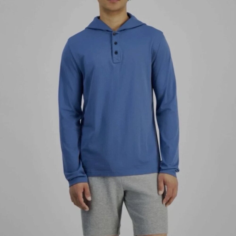 Michael Kors Men's Premium Textured Henley Hoodie Ocean Blue Size L